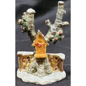 Holiday Time BIRDHOUSE on Tree by stone wall Christmas Village accessory figure